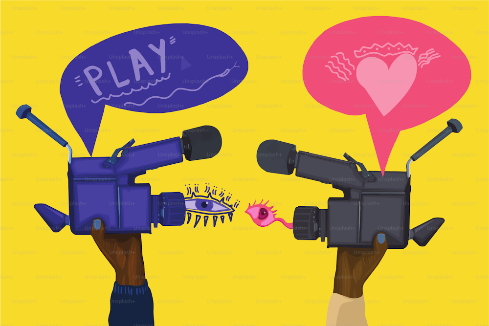 Conceptual vector of a young couple connecting together with a camera