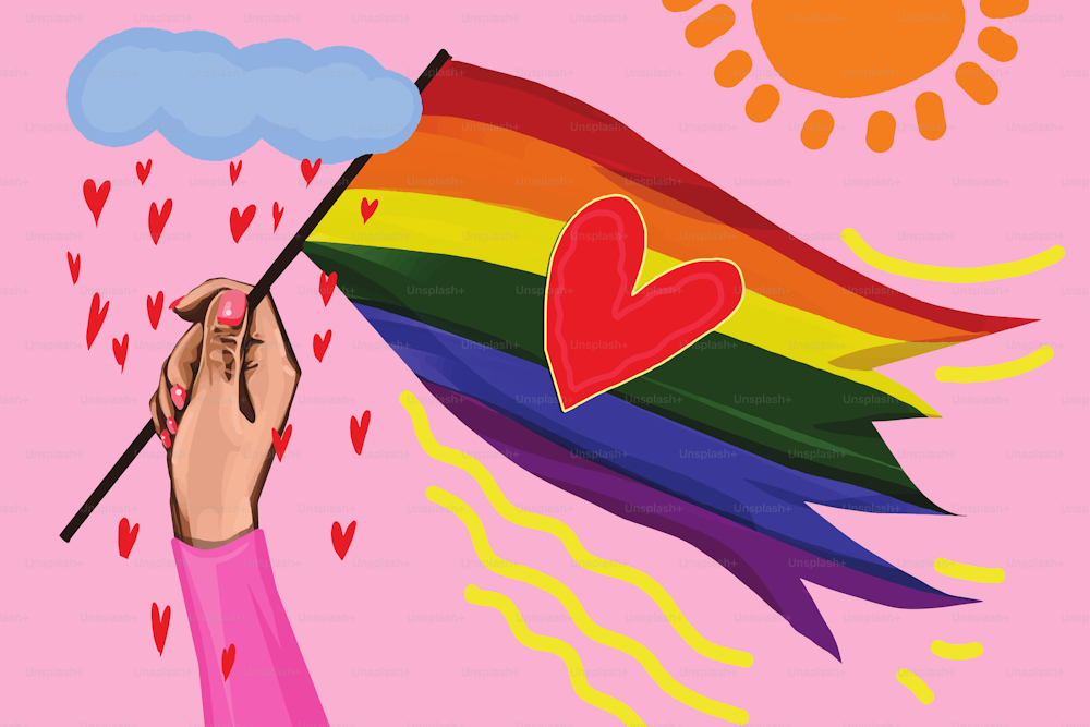 People holding up their flags of Pride and love as a symbol of unity, acceptance and care; part of Pride collection illustrations