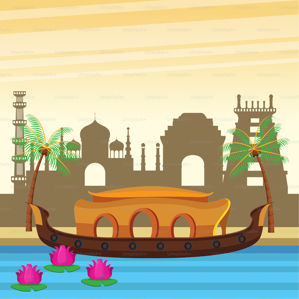 Indien Landschaftsboot mit Lotusblumen auf Fluss und Stadtlandschaft auf Hintergrund, Vektorillustration.