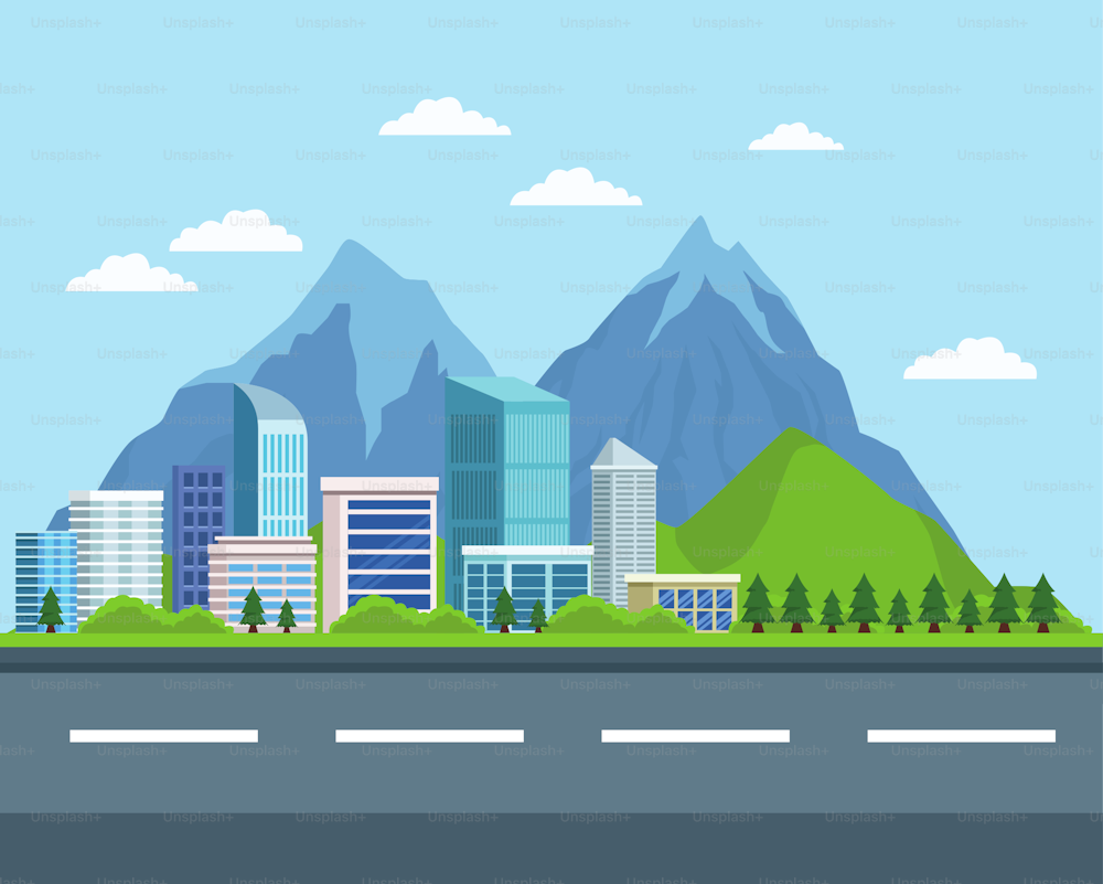 City with buildings and nature, urban scenery at sunny day. vector illustration graphic design.