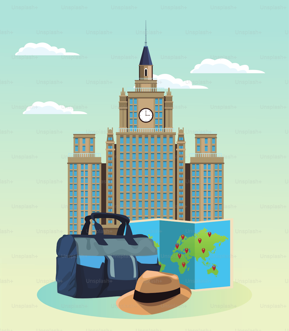 iconic building with travel bag and hat over sky background, colorful design ,  vector illustration
