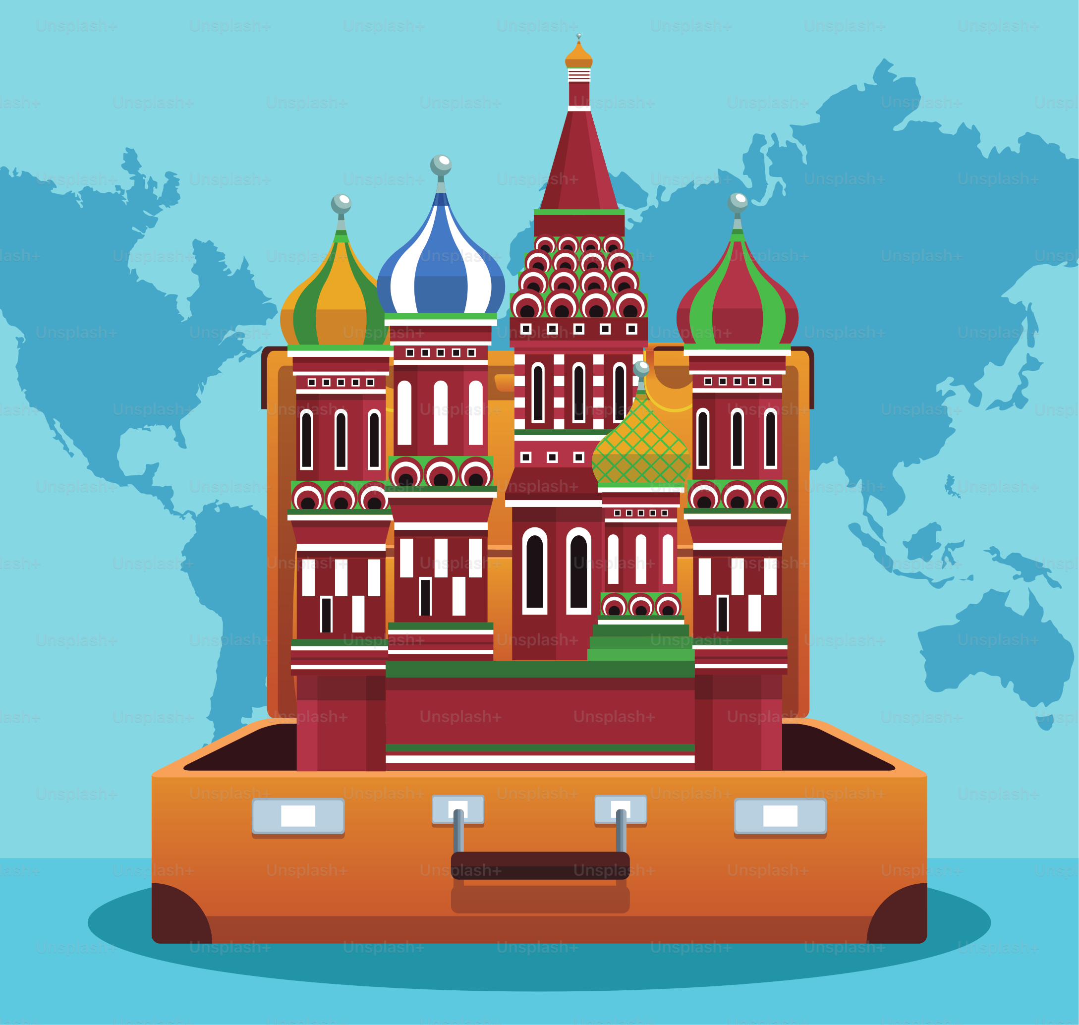 travel suitcase with saint basil cathedral over blue world map background, colorful design ,  vector illustration