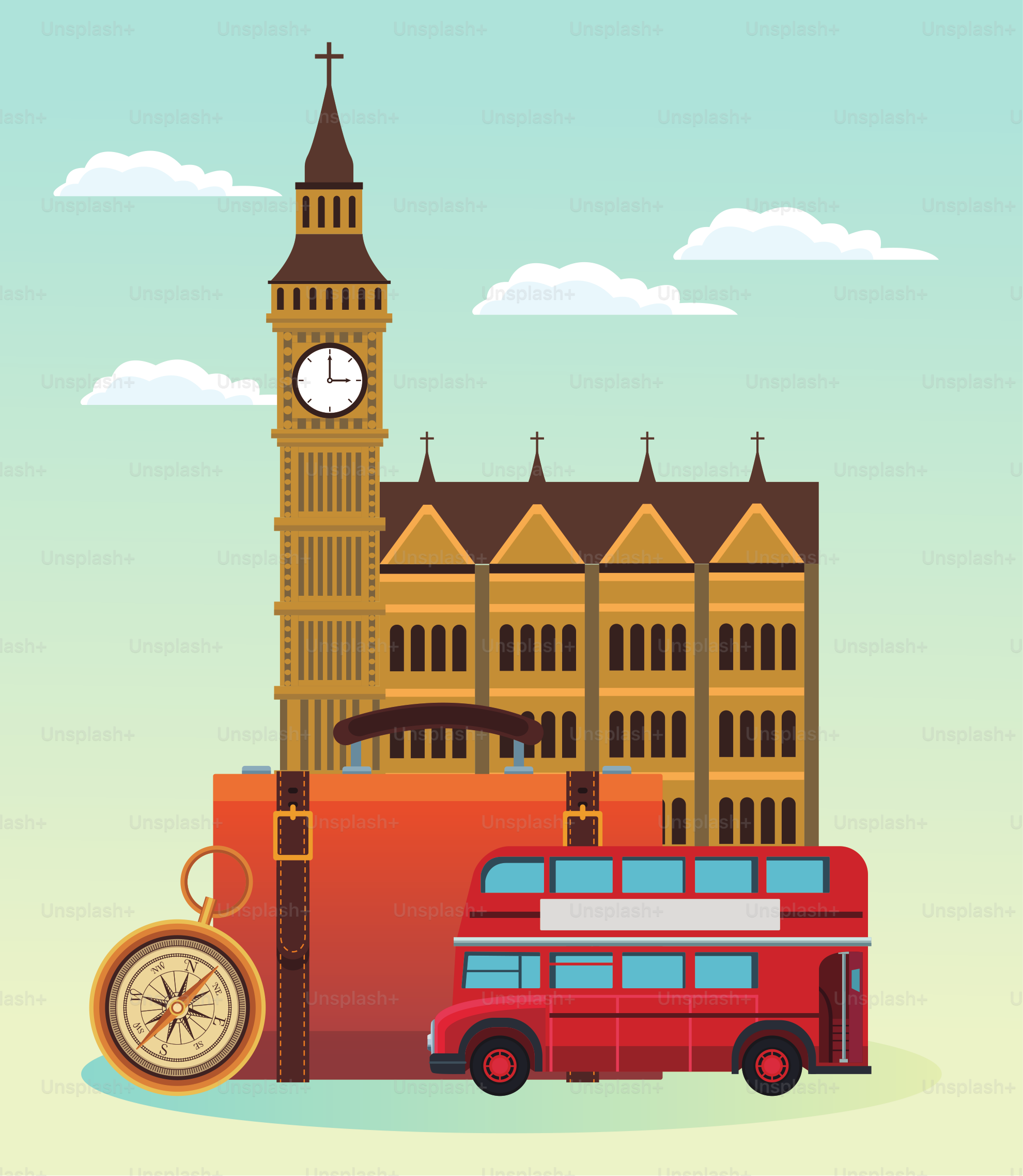 bus de londres et bâtiment avec valise et boussole sur fond de ciel, design coloré, illustration vectorielle