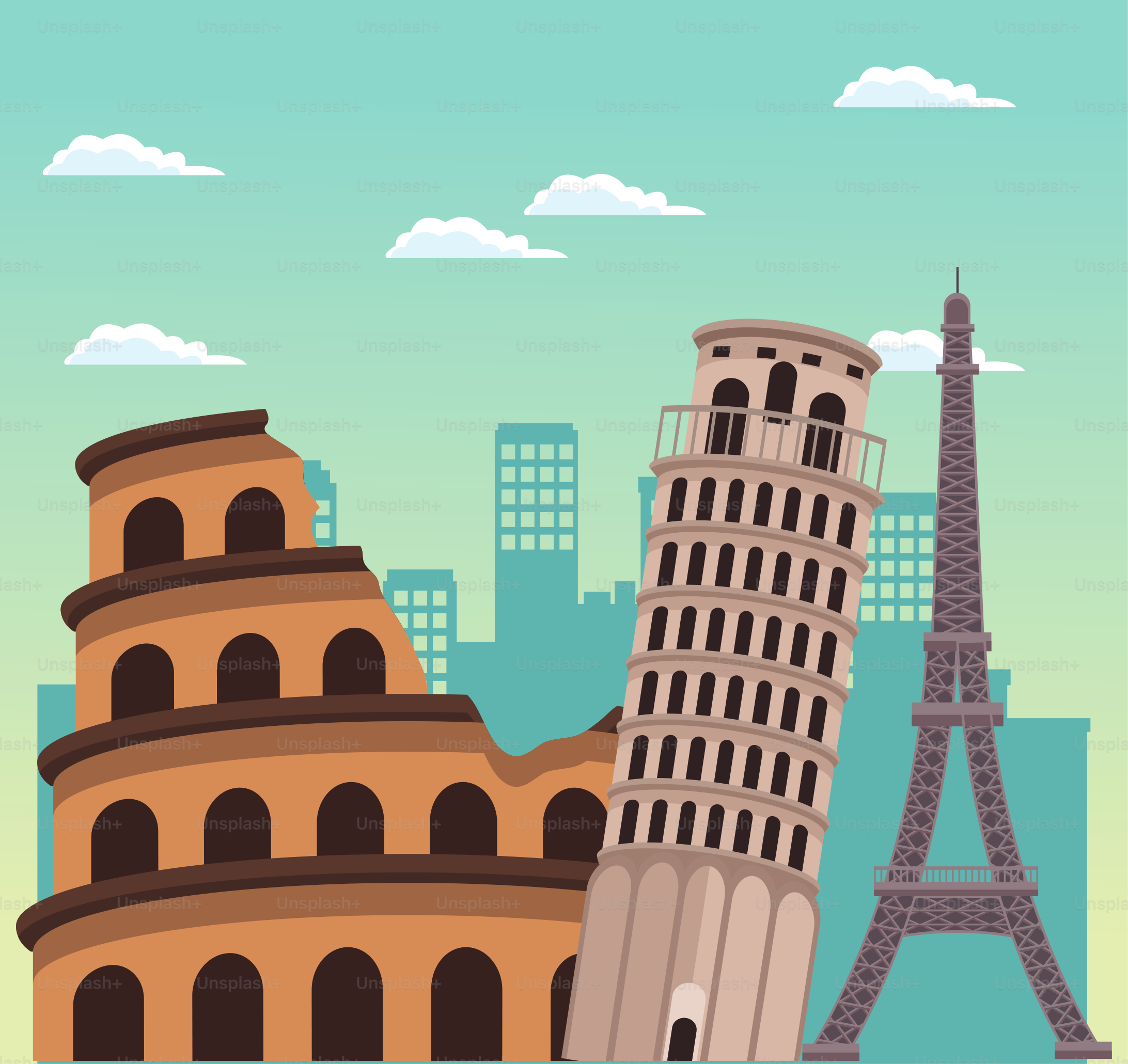 Rome coliseum monument, pisa tower and eiffel tower over sky background, colorful design ,  vector illustration