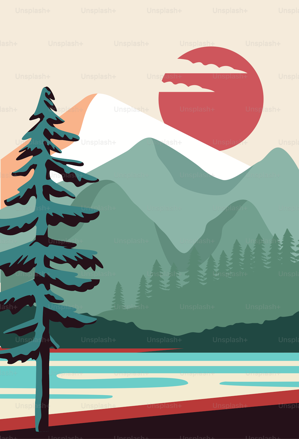 hermoso paisaje con diseño de ilustración vectorial de escena de pino y lago