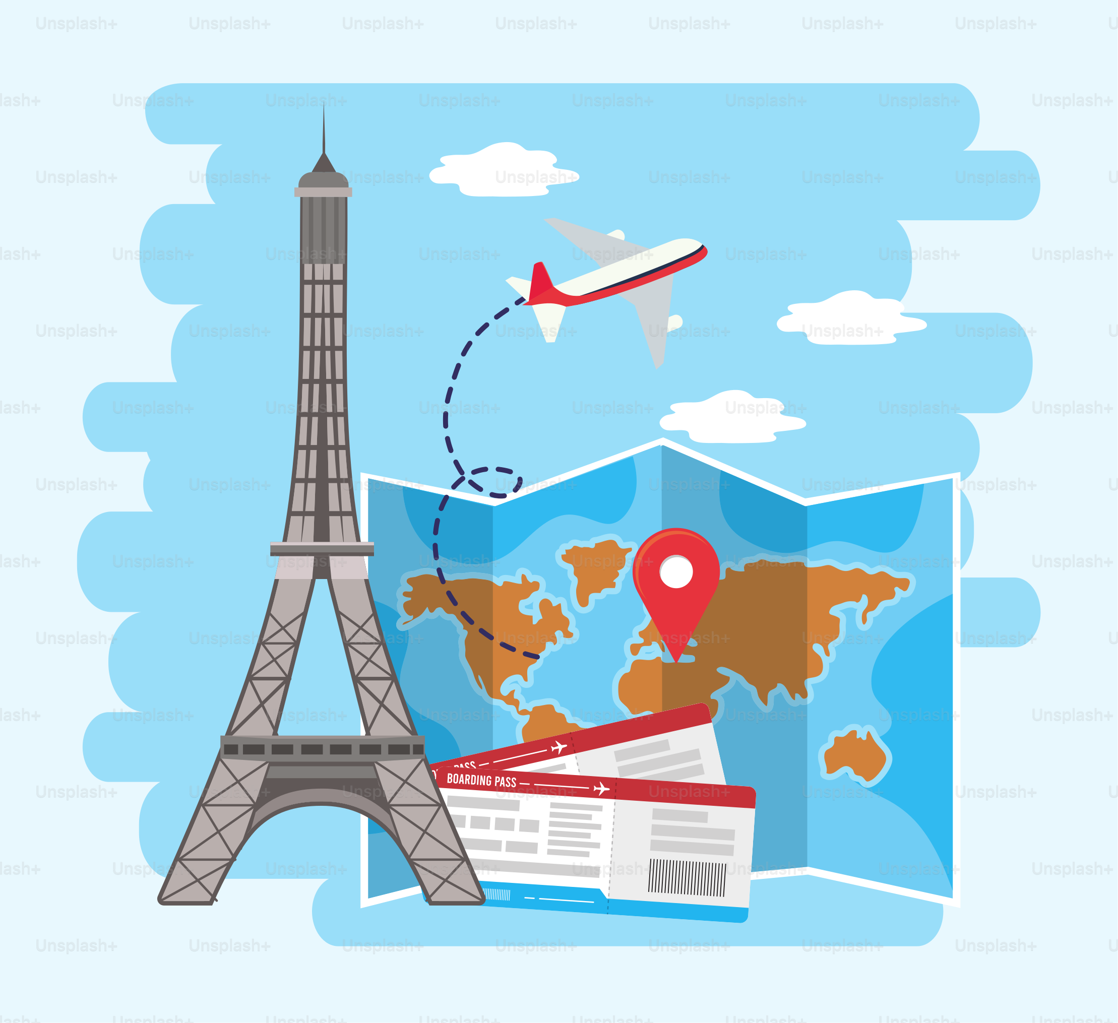eiffel tower with global map location and tickets vector illustration