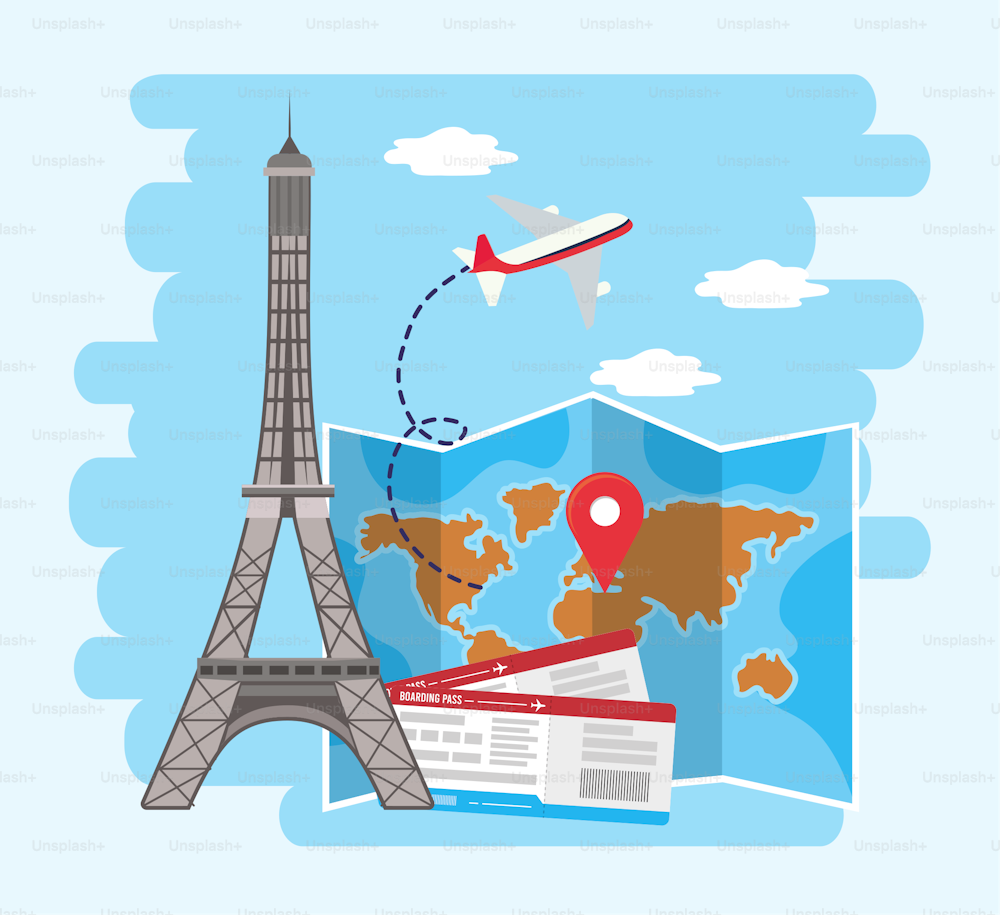 Torre Eiffel con ubicación en el mapa global e ilustración vectorial de boletos