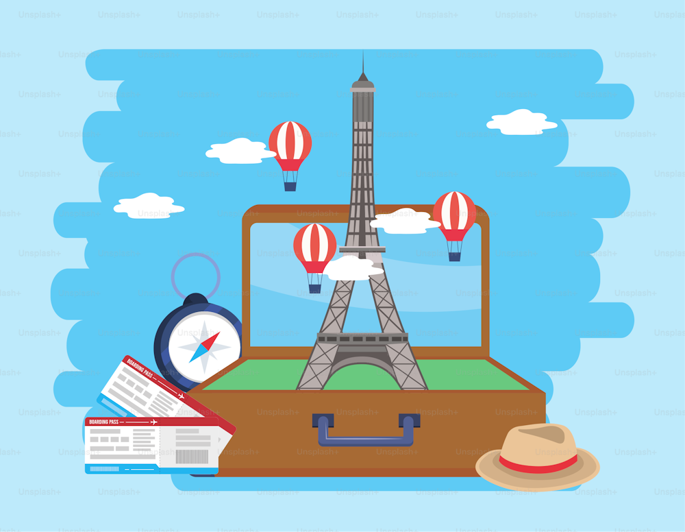 에펠탑에 있는 서류 가방에 풍선과 티켓 벡터 일러스트레이션