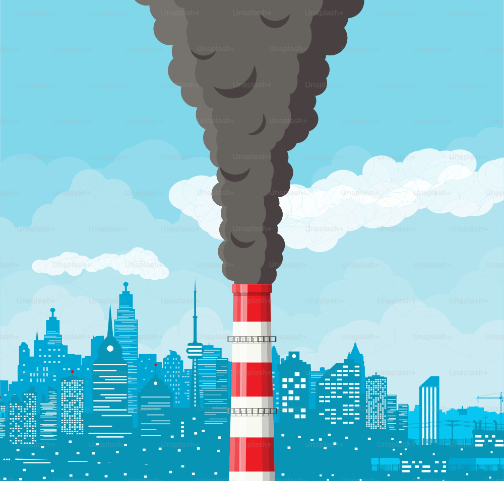 Smoking factory pipe against cityscape clear sky. Plant pipe with dark smoke. Carbon dioxide emissions. Environment contamination. Pollution of environment co2. Vector illustration in flat style