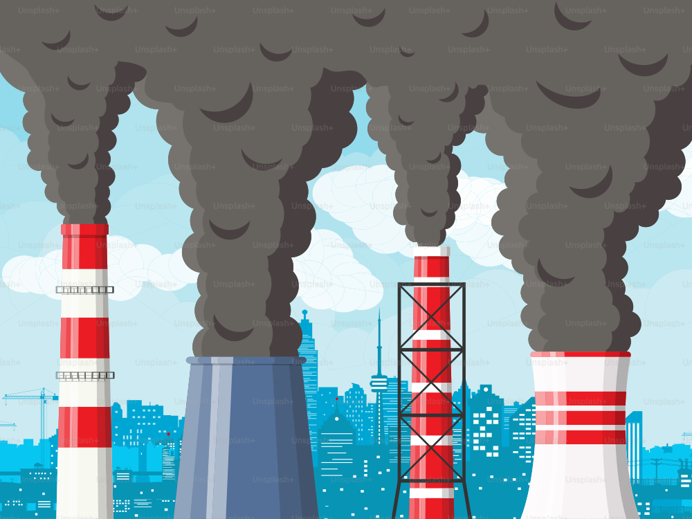 Smoking factory pipe against cityscape clear sky. Plant pipe with dark smoke. Carbon dioxide emissions. Environment contamination. Pollution of environment co2. Vector illustration in flat style