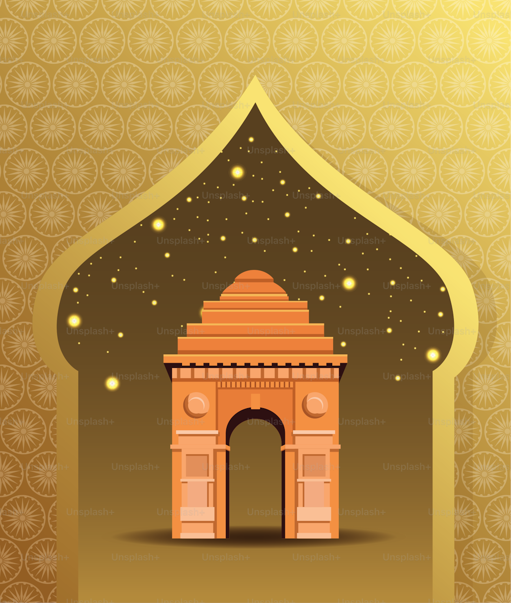 Indisches Nationaldenkmal im goldenen Rahmen mit Sternen Vektorillustration Grafikdesign