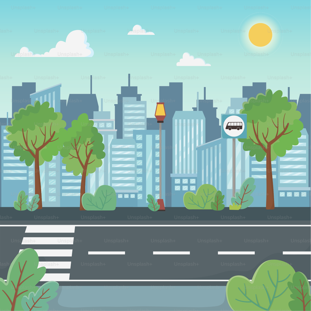 Stadtlandschaftsszene mit Zebrastreifen-Straßen-Vektor-Illustrations-Design