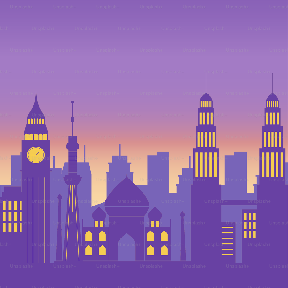 famous landmarks cityscape skyline architecture urban scene vector illustration