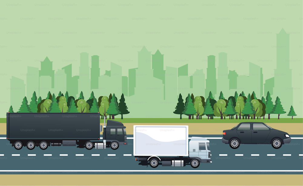 escena de paisaje urbano de carretera con diseño de ilustración vectorial de vehículos