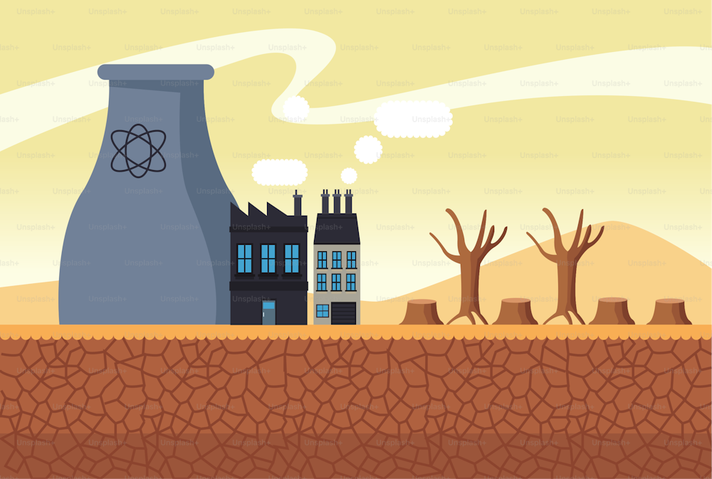 climate change effect city scape desertic scene with chimney factory vector illustration design