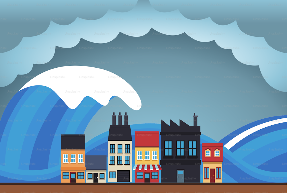 escena de paisaje urbano del efecto del cambio climático con el diseño de la ilustración vectorial del tsunami