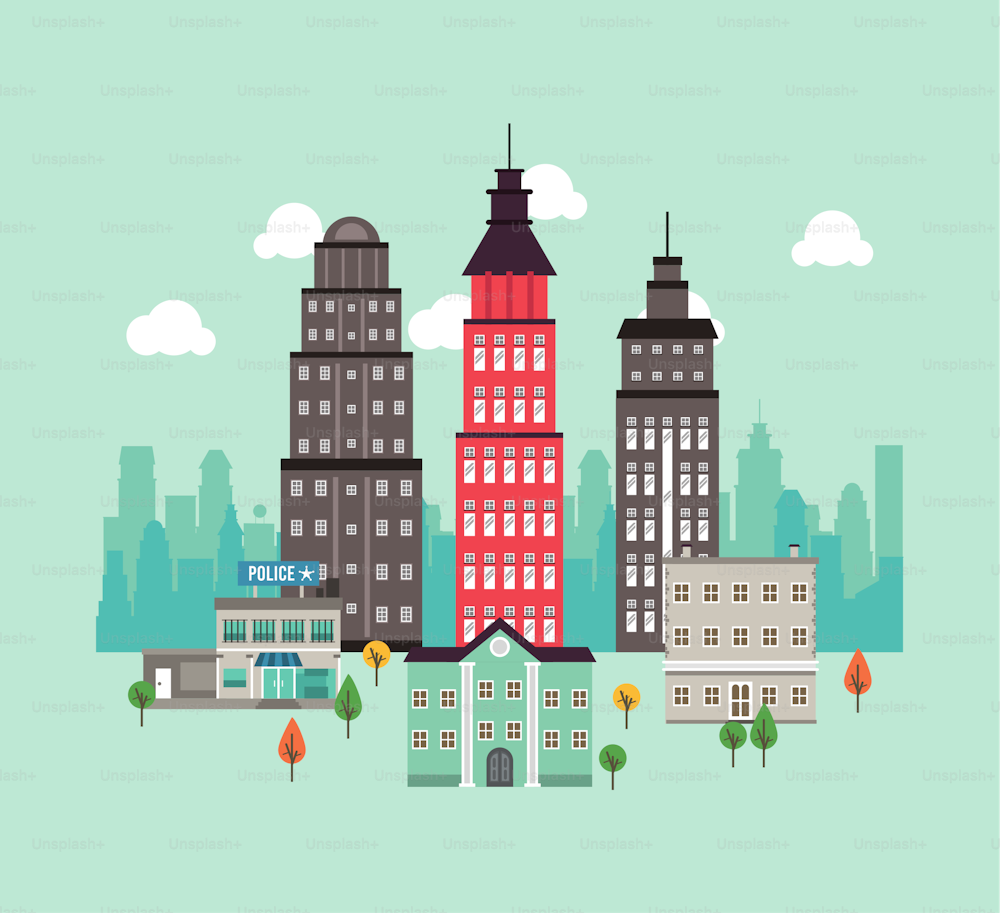 Scena di paesaggio urbano della megalopoli della vita di città con i grattacieli e il disegno dell'illustrazione di vettore della stazione di polizia