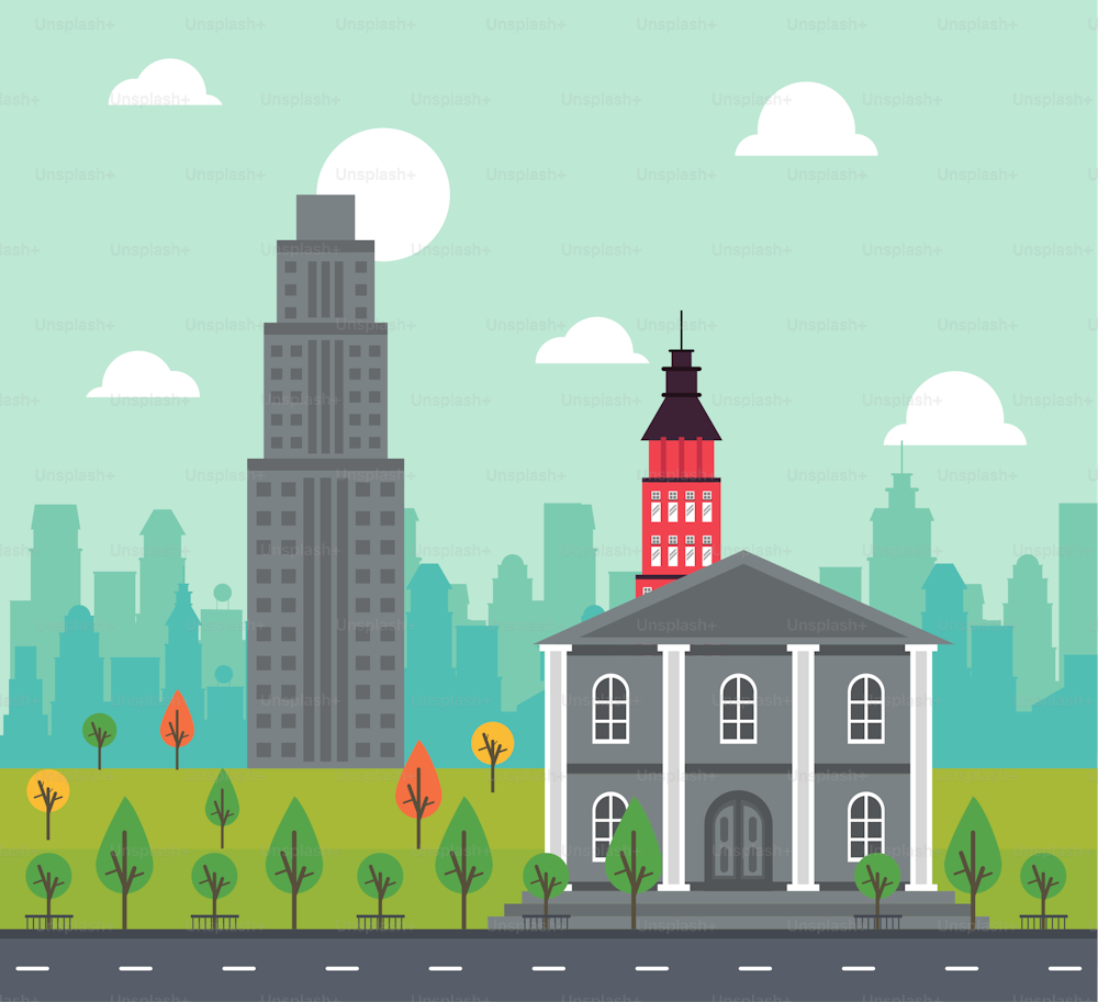 Scena di paesaggio urbano della megalopoli della vita della città con l'edificio governativo ed il disegno dell'illustrazione di vettore dei grattacieli