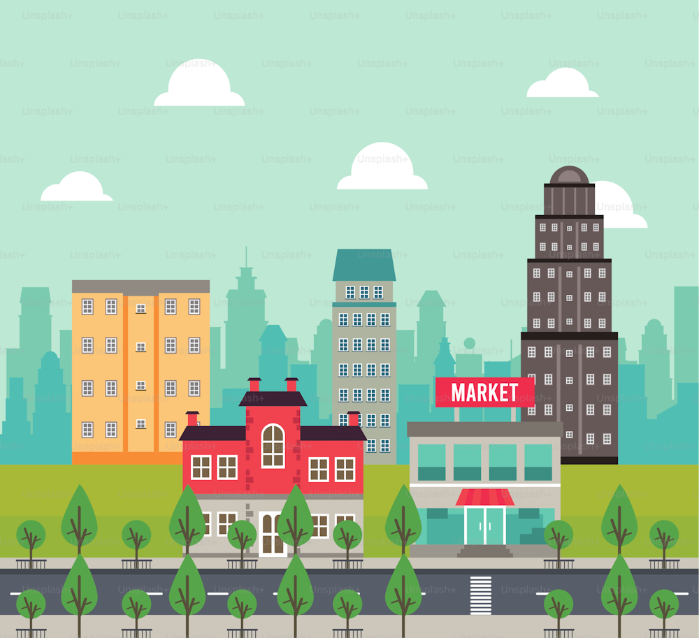 city life megalopolis cityscape scene with market and trees vector illustration design