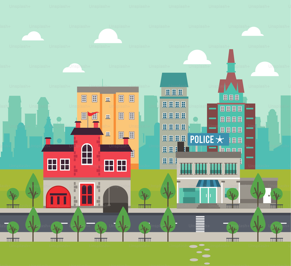 city life megalopolis cityscape scene with police station and buildings vector illustration design