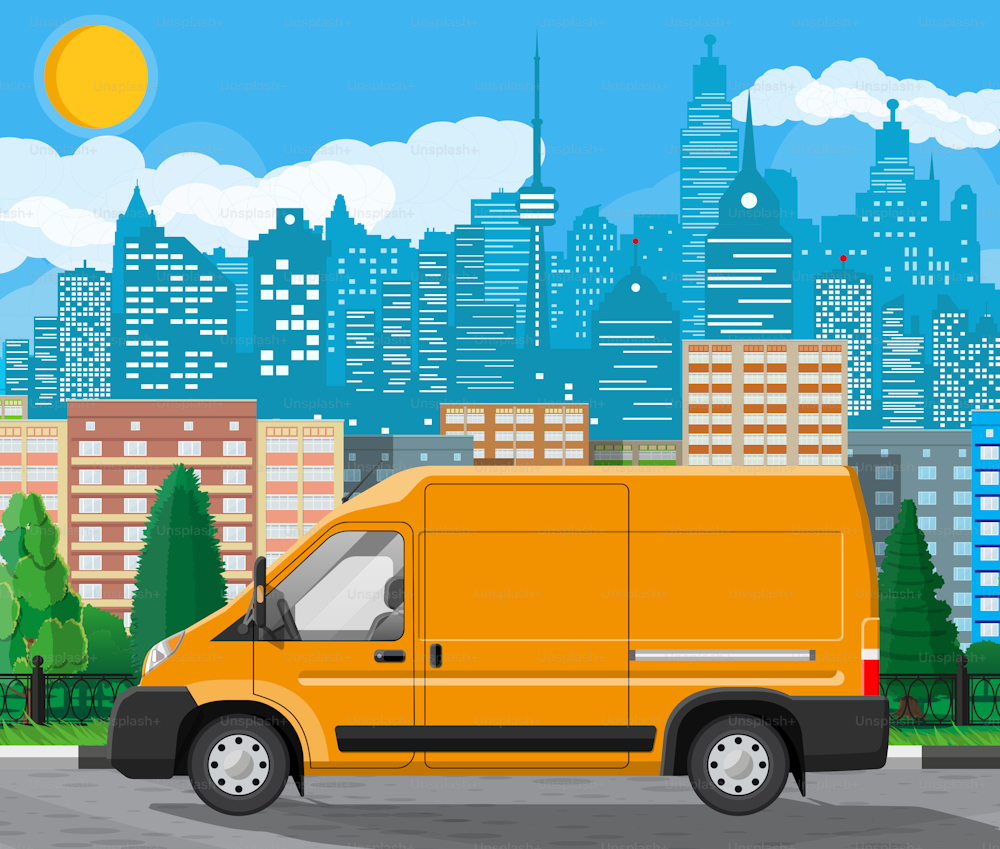 Orange delivery at cityscape background. Express delivering services commercial truck. Concept of fast and free delivery by car. Cargo and logistic. Cartoon flat vector illustration