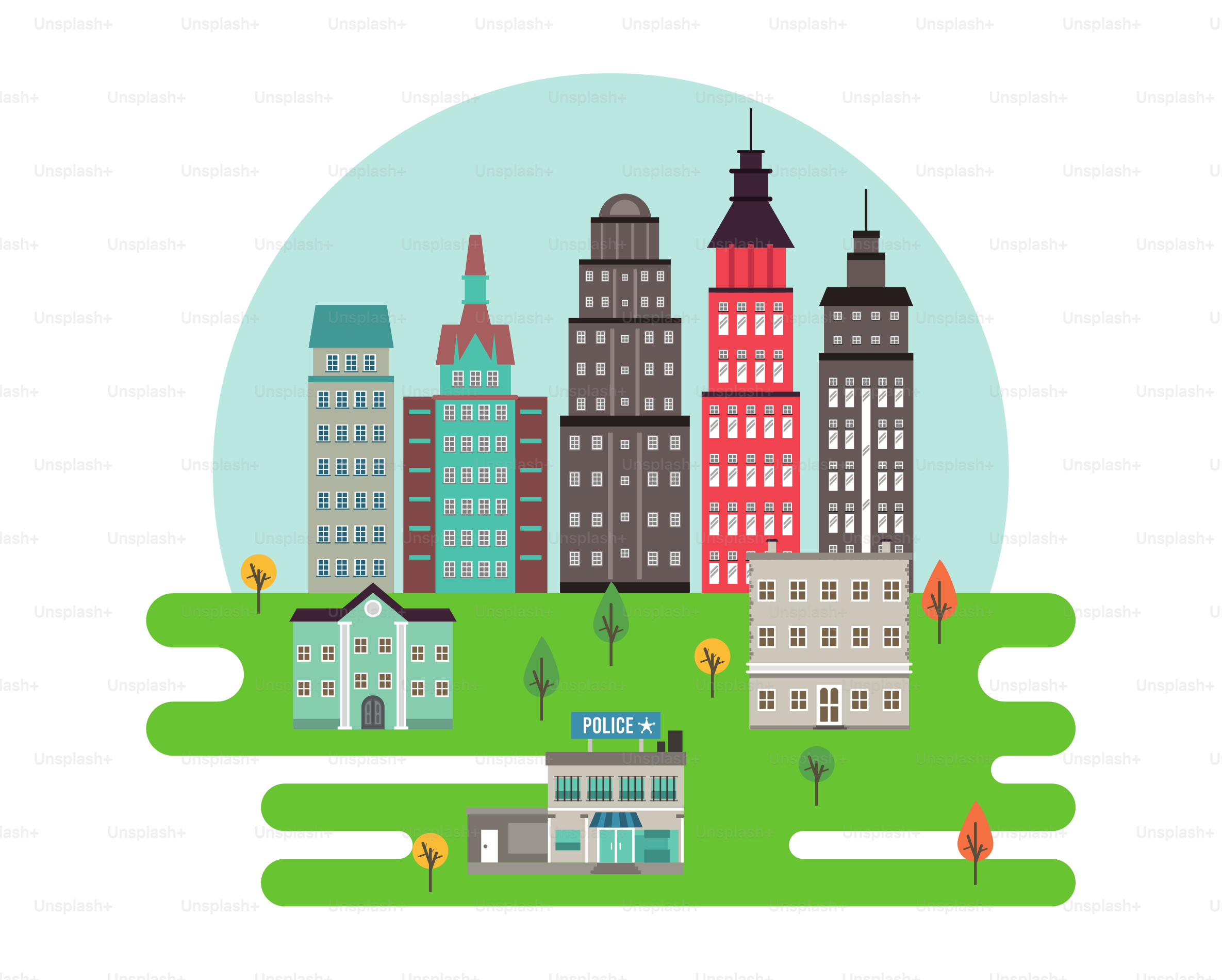 都市生活メガロポリスの都市景観のシーンに超高層ビルや警察署のベクターイラストデザイン