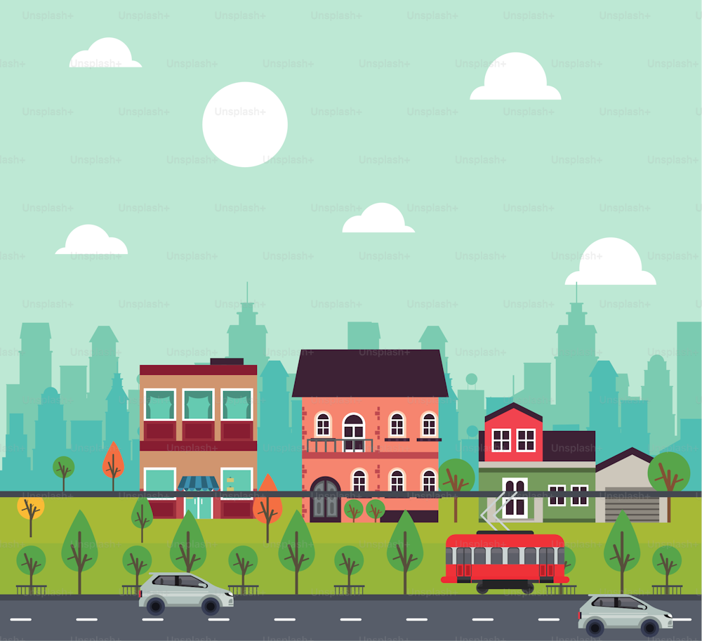 Scena del paesaggio urbano della megalopoli della vita della città con il disegno dell'illustrazione vettoriale degli edifici e dei veicoli