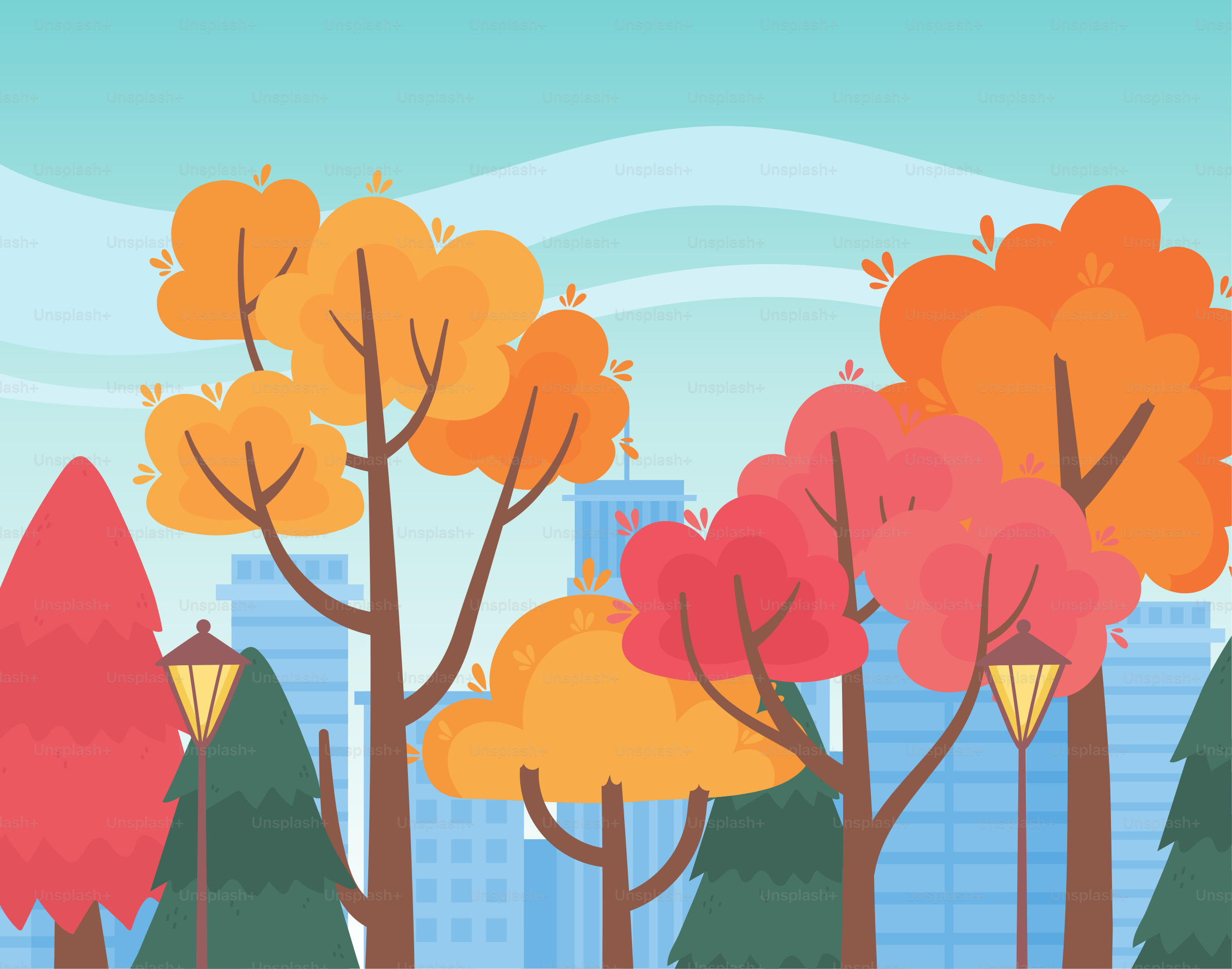 landscape in autumn nature scene, park trees lamps and cityscape vector illustration