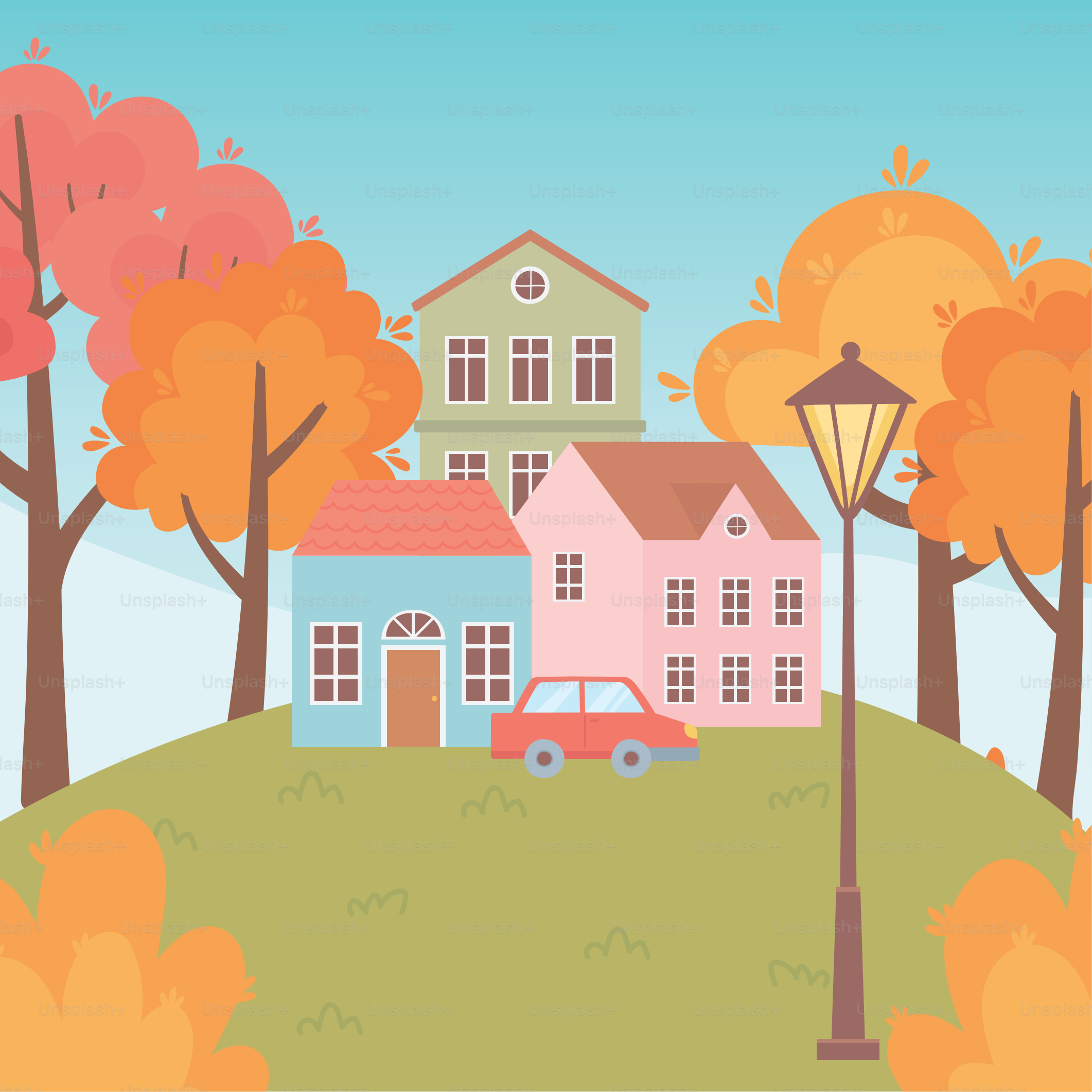 Landschaft im Herbst Naturszene, Häuser, Autobäume, Lampenstraße auf der Wiese, Vektorillustration