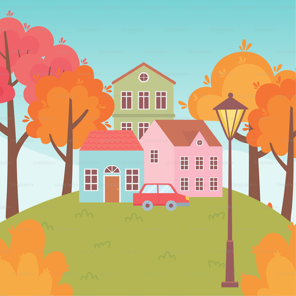 landscape in autumn nature scene, houses car trees lamp street in the meadow vector illustration