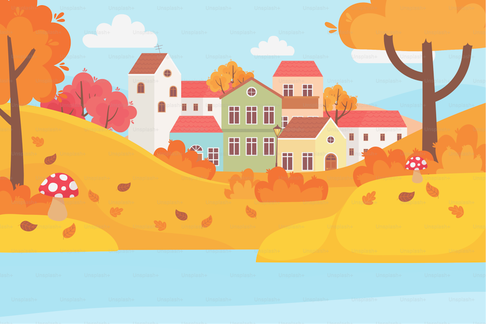 landscape in autumn nature scene, village houses trees leaves mushroom in the grass vector illustration