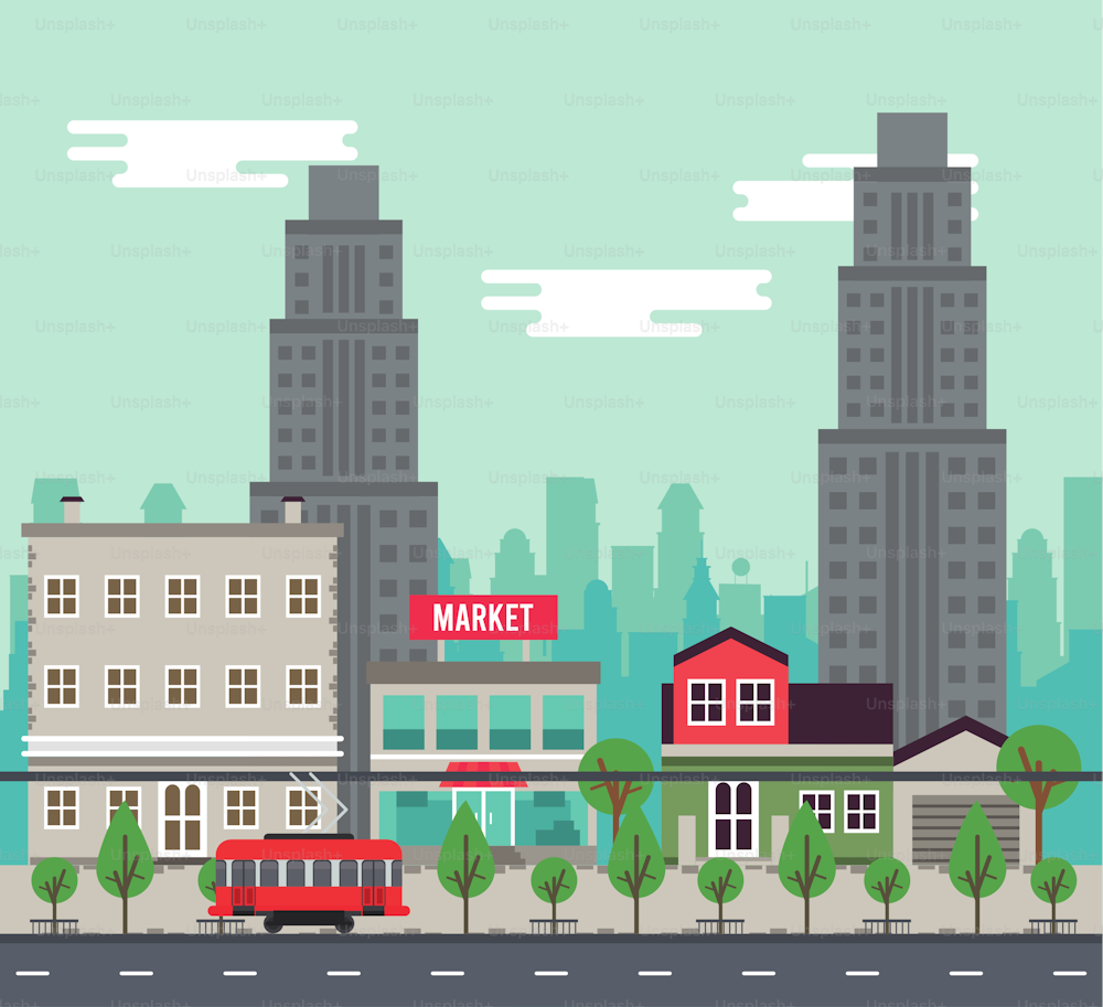 Stadtleben Megalopolis Stadtlandschaftsszene mit Gebäuden und Straßenbahn-Vektor-Illustrationsdesign