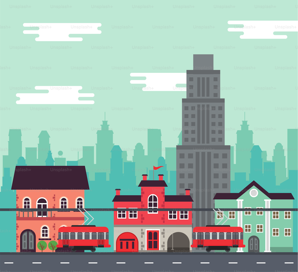 city life megalopolis cityscape scene with buildings and trolley cars vector illustration design