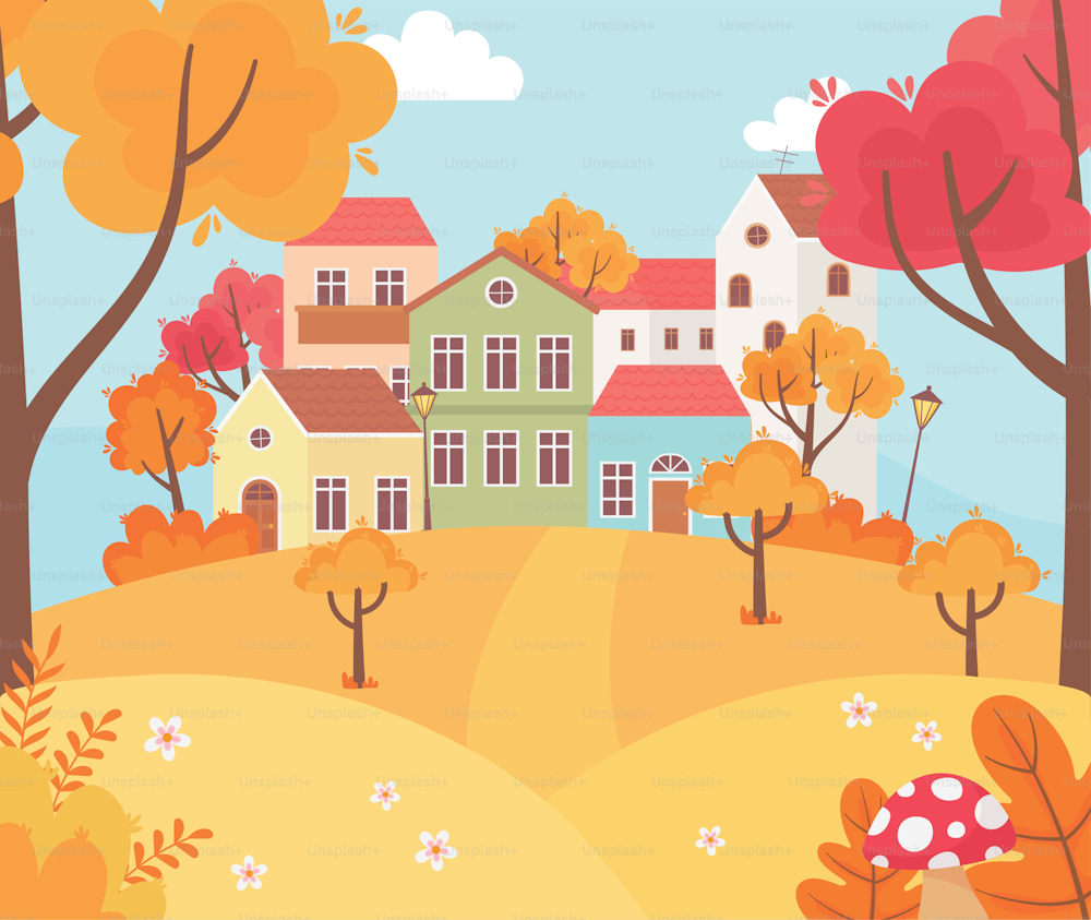 landscape in autumn nature scene, houses trees foliage season cartoon vector illustration