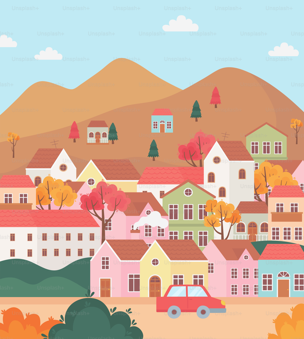 가을 자연 풍경, 마을 주택, 언덕에 있는 오두막, 나무와 자동차 만화 벡터 일러스트레이션