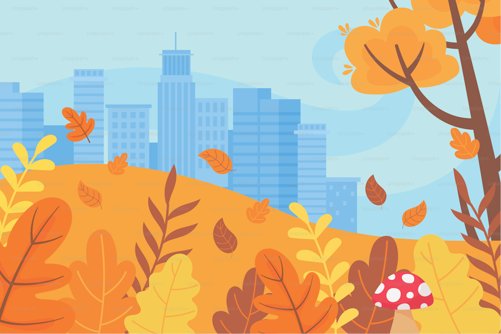 landscape in autumn nature scene, city urban buildings trees leaves grass and mushroom vector illustration