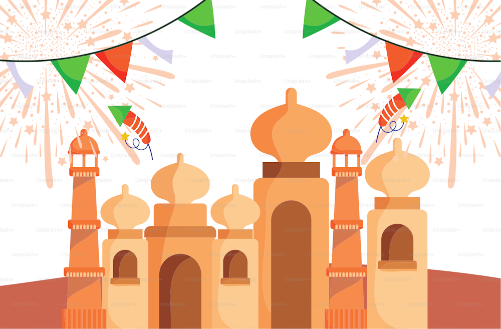 Alles Gute zum Unabhängigkeitstag Indien, Taj Mahal Feuerwerk Wimpel Feier Nationale Vektor-Illustration