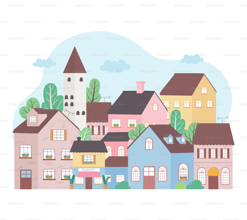 residential houses neighborhood architecture property building trees design vector illustration