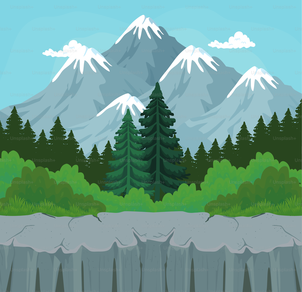 Landscape of pine trees with shrubs in front of mountains design, nature and outdoor theme Vector illustration