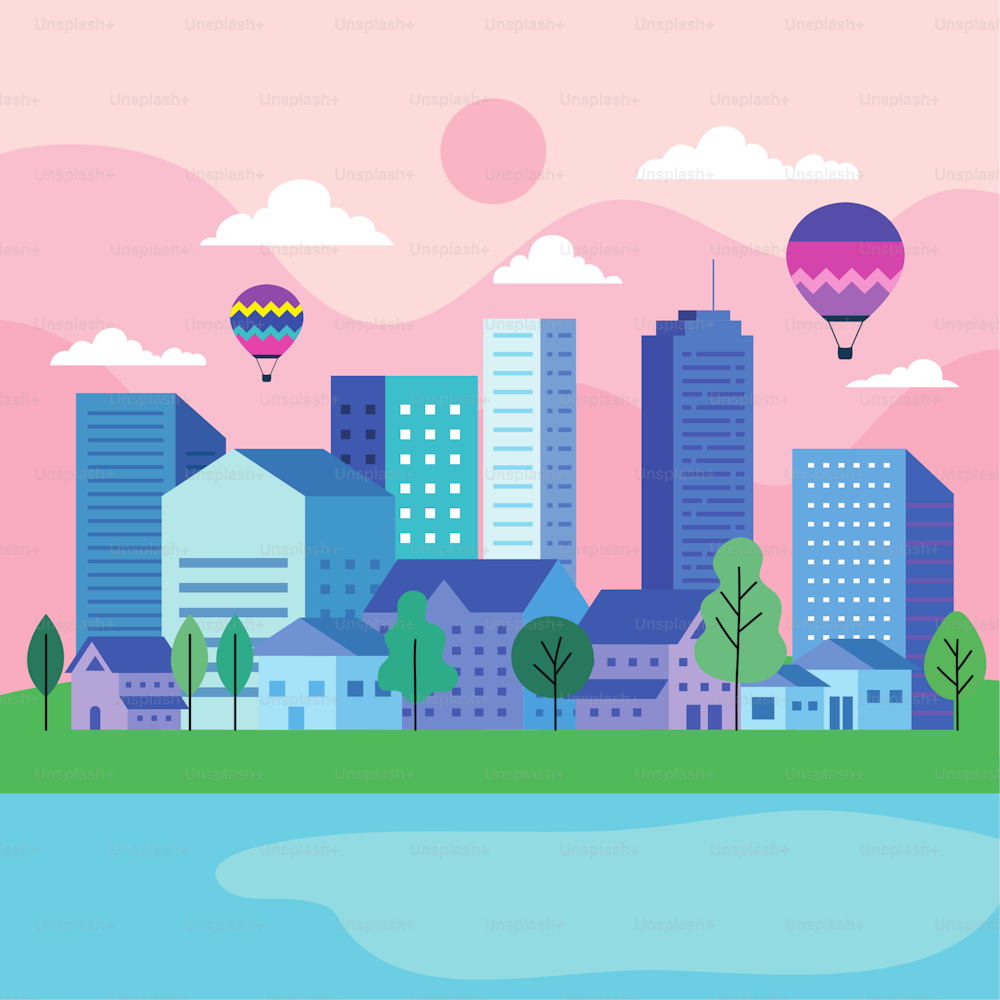 Paisagem da cidade com edifícios casas balões de ar quente árvores sol e nuvens design, arquitetura e tema urbano Ilustração vetorial