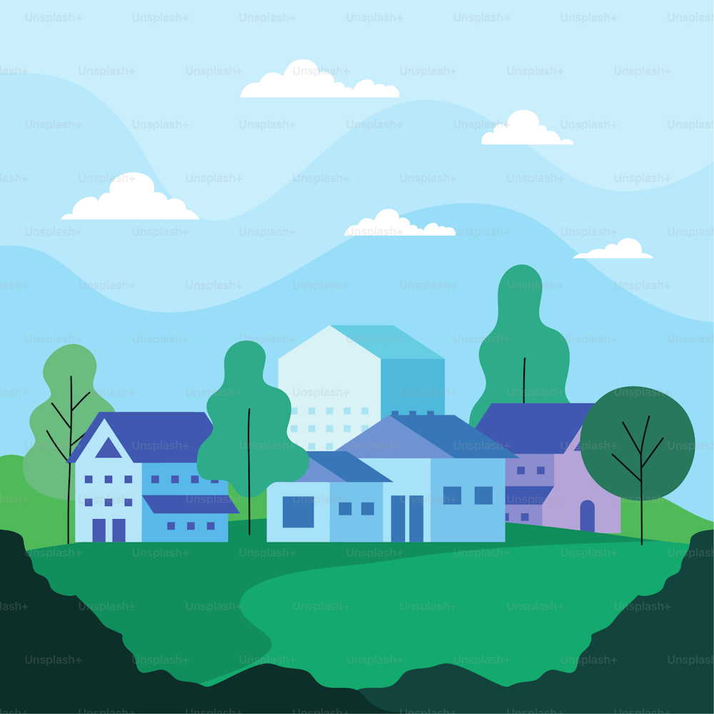 City landscape with houses trees and clouds design, architecture and urban theme Vector illustration