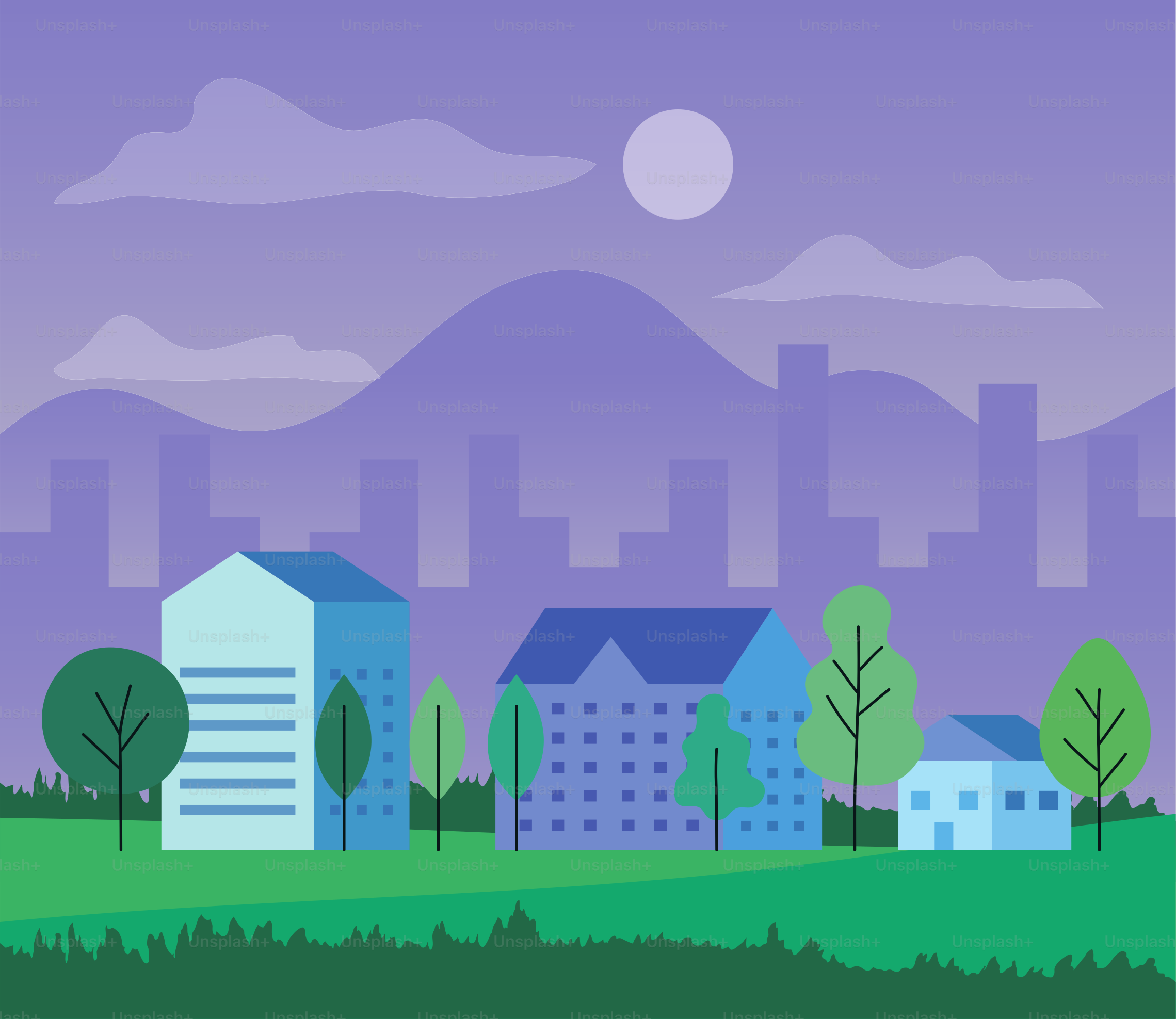 家々、樹木、雲、太陽を含む都市景観、デザイン、建築、都市テーマ ベクターイラストレーション