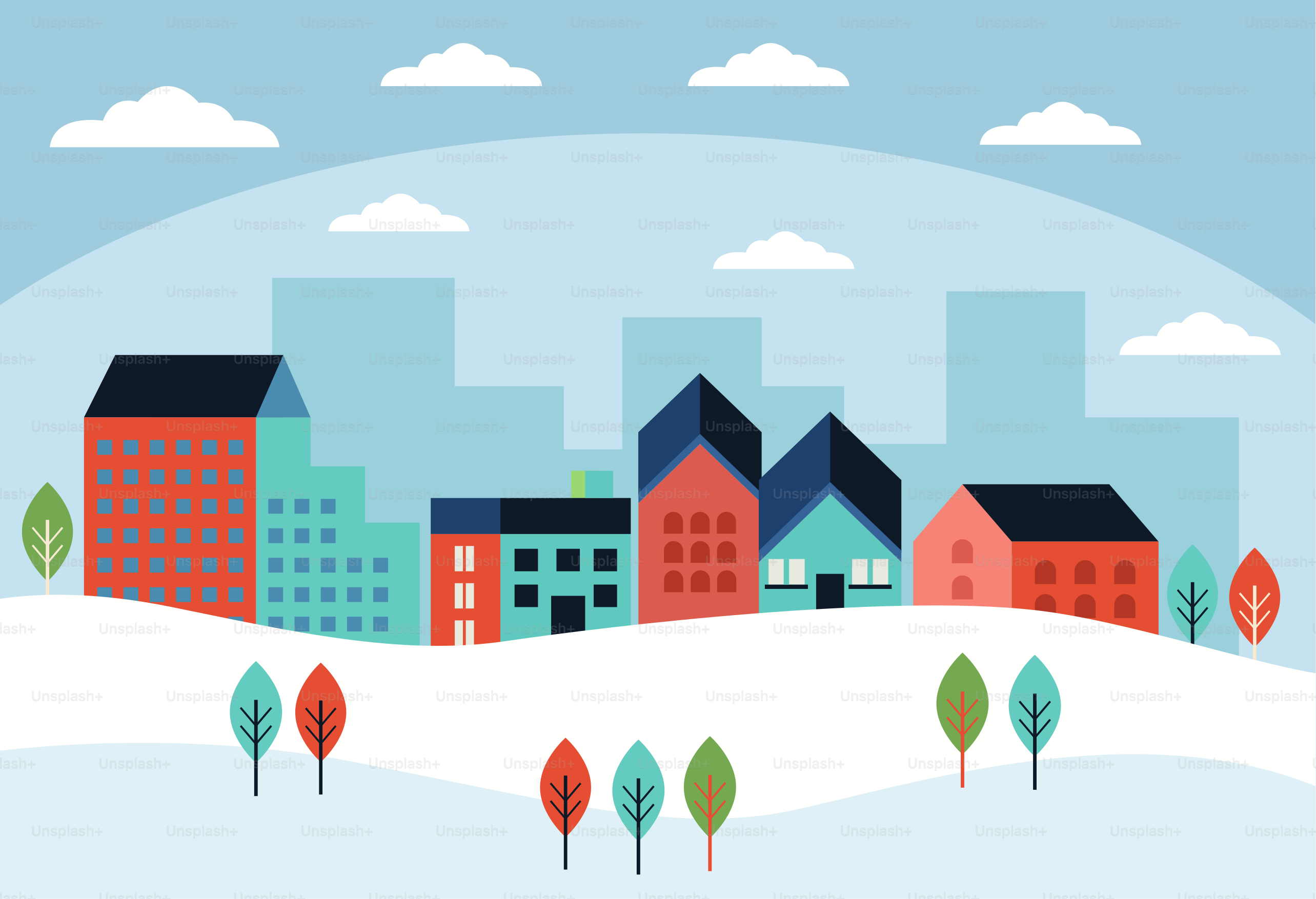 winter buildings cityscape set icons