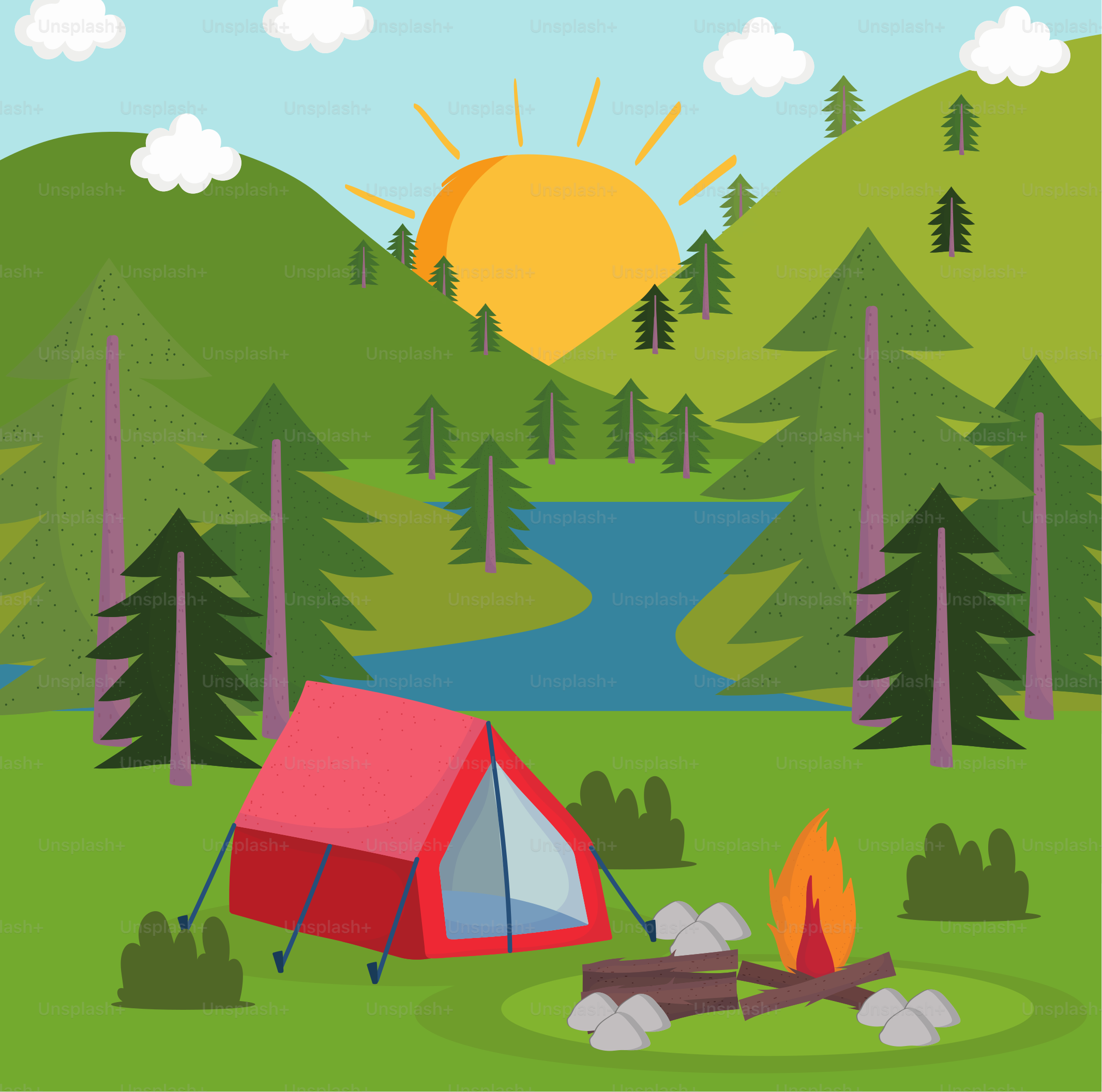 camping forest tent river campfire