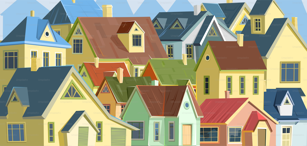 Roofs of houses. A village or a small rural town. Small houses. Street in a cheerful cartoon flat style. Small cozy suburban cottages with windows. Vector.