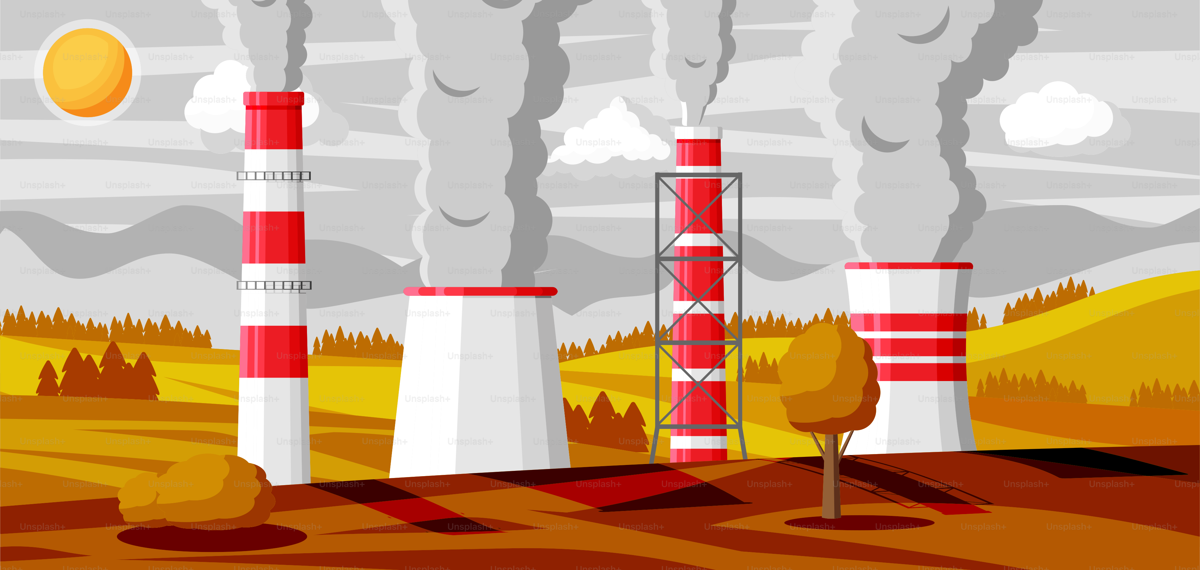 Paisaje industrial panorámico. Fumar pipas de fábrica en los campos. Tuberías de la planta Sky Sun. Emisiones de dióxido de carbono. Contaminación del medio ambiente Contaminación del medio ambiente. Ilustración vectorial plana