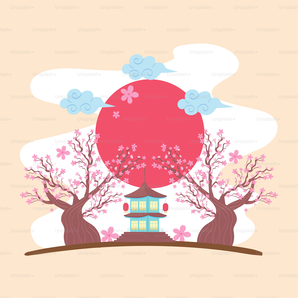 Traditionelles Japan-Panorama mit Pagode und Bäumen