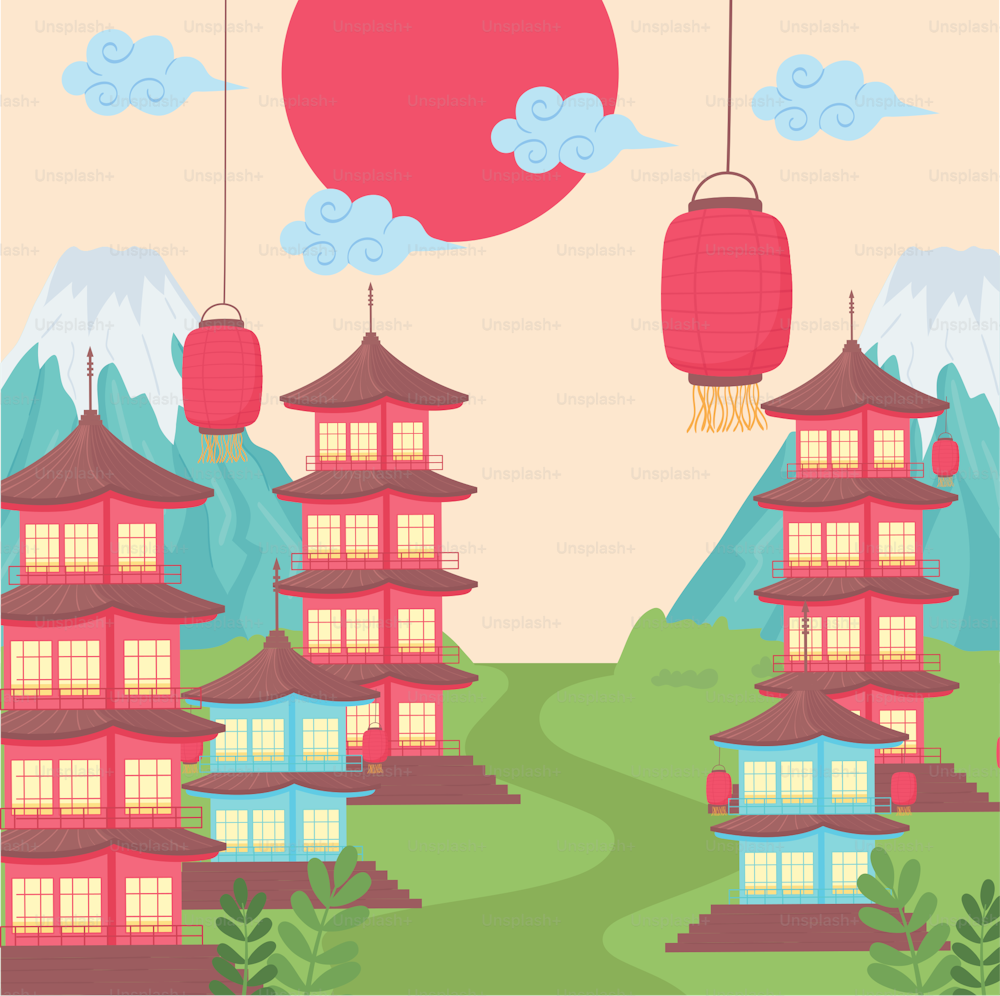 japan pagodas and lanterns landscape