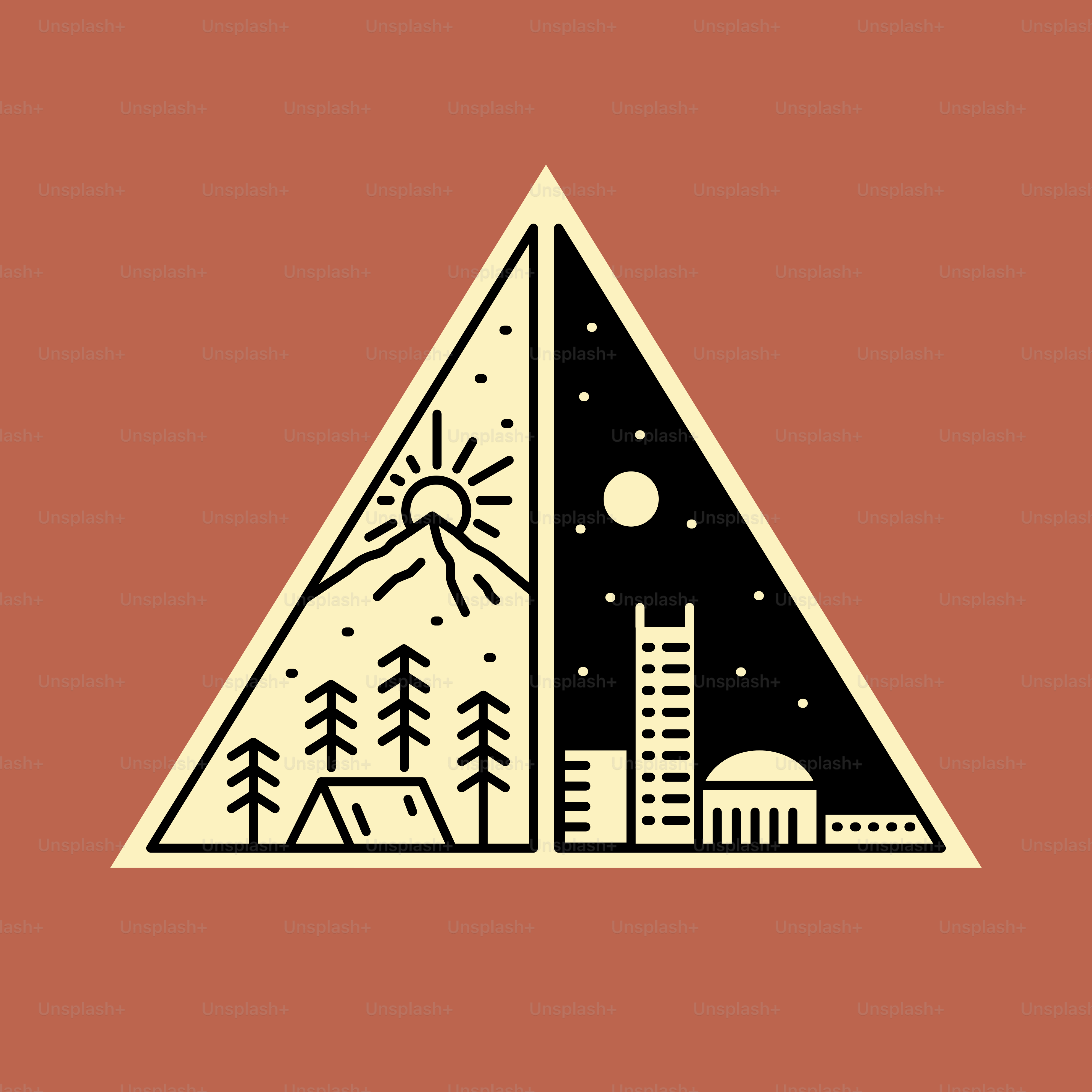 都市生活と屋外キャンプ休暇の比較デザインをモノラインアートで