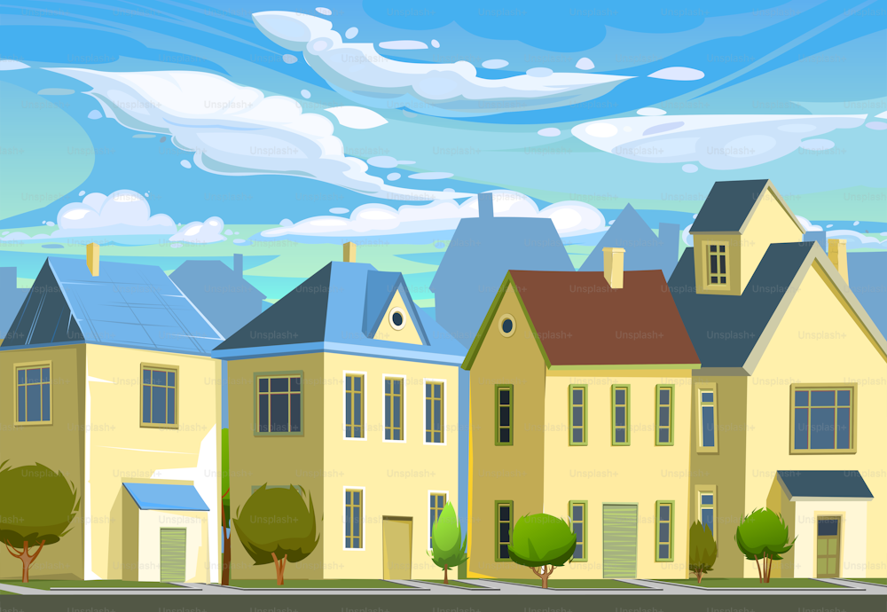 Un pueblo o un pequeño pueblo rural. Casas pequeñas. Calle en un alegre estilo plano de dibujos animados. Pequeñas y acogedoras cabañas suburbanas con árboles y cielo. Vector.